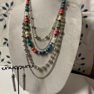 Red and Blue Layered Necklace with Cascading Beads